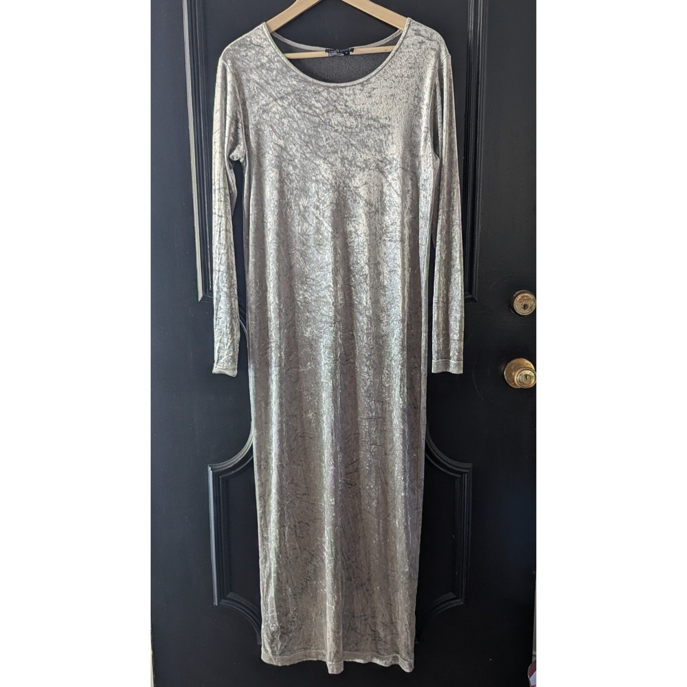 VTG Carole Little Silver Crushed Velvet Maxi Dress Long Sleeve Whimsigoth 90's